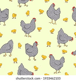 Seamless Easter pattern with hens and chicken. Vector chicks background