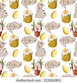 seamless easter pattern with holiday cupcake, bunnies and easter eggs. vector illustration isolated on white background
