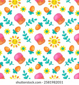 Seamless Easter pattern with kulich, carrot, sun and flowers. In cartoon style, on a white background. Happy Easter