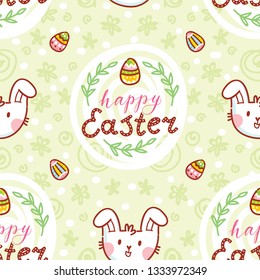 Seamless Easter pattern with lettering, cute rabbit character and coloured eggs. Hand drawn art illustration in cartoon, doodle style