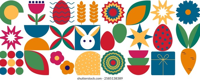 Seamless Easter pattern in modern minimalist style with geometric shapes, eggs. Abstract template for poster, branding, advertising, postcard, prints, banner.