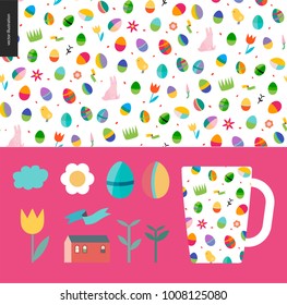Seamless Easter pattern with a mug as an example of usage and few traditional elements