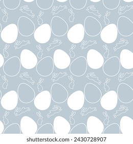 Seamless Easter pattern on blue background with white silhouette of Easter bunnies and eggs in vintage style. Unique design template for holiday decorations, printing and web use.