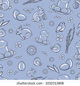 Seamless easter pattern on a gentle blue background