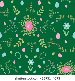 Seamless Easter pattern. On a green, spring background, Easter bunnies, bouquets, flowers, eggs. Festive, bright background. Suitable for Easter gift wrapping, textiles and printing.