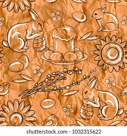 Seamless easter pattern on vintage background with crumpled wrapping paper. Pattern and background are separated