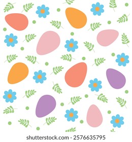 Seamless Easter pattern on a white background. Easter eggs, flowers. Elements of the Easter Holiday