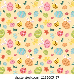 Seamless Easter pattern, ornament, background with painted Easter elements on yellow background. Festive cute design for wrapping paper, print, print, fabric, postcard, flyer, packaging.  Vector image