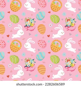 Seamless Easter pattern, ornament, background with painted Easter elements on pink background. Festive cute design for wrapping paper, print, print, fabric, postcard, flyer, packaging.  Vector image  