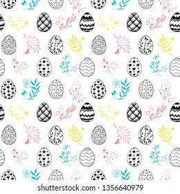 Seamless easter pattern with ornamental hand drawn eggs, leaves, butterflies. Easter holiday colorful background. Vector illustration.