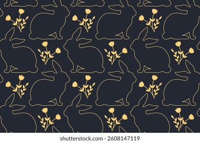 Seamless Easter pattern with outline bunnies and flowers on a dark background. Elegant and minimal spring design for textile, wrapping, digital paper, kids prints