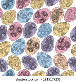 Seamless easter pattern with painted eggs ornamental of flowers. Easter holiday colorful background.