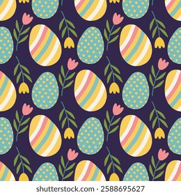Seamless Easter pattern with painted eggs and tulips on dark background. Perfect for wrapping paper, fabric, textiles, invitations, and Easter-themed designs. Happy Easter. Vector illustration.