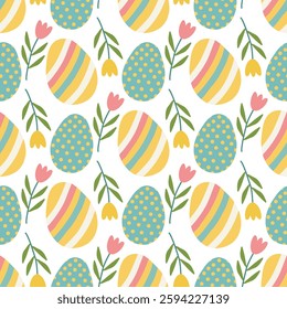 Seamless Easter pattern with painted eggs, tulips on white background. Perfect for wrapping paper, fabric, textiles, invitations, and spring-themed designs. Vector Easters illustration. Happy Easter.