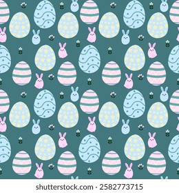 Seamless Easter pattern with pastel bunnies, decorated eggs, and small flowers on a dark teal background. Soft and playful design, perfect for festive prints, fabric, and holiday decorations.