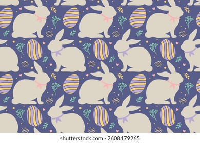 Seamless Easter pattern with pastel bunnies, striped eggs, flowers, and hearts on a purple background. Cute spring design for kids, textiles, wrapping, and digital paper