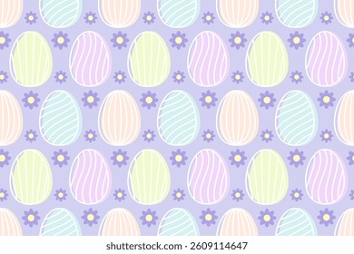 Seamless Easter pattern with pastel striped eggs and cute daisy flowers on a soft violet background. Perfect for spring-themed wrapping, textile prints, and seasonal decorations
