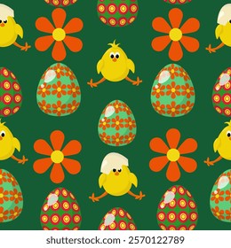 Seamless Easter pattern with patterned eggs, chickens and flowers for fabric, textile, scrapbook or wrapping paper vector illustration design