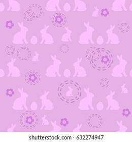 Seamless easter pattern in pink colors with symbolic rabbits and eggs