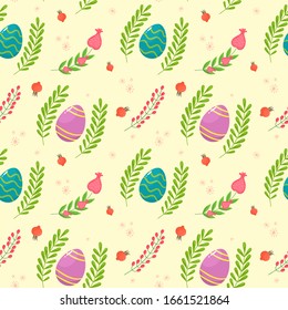 Seamless easter pattern with plant elements and eggs. Vector pattern in cartoon style.