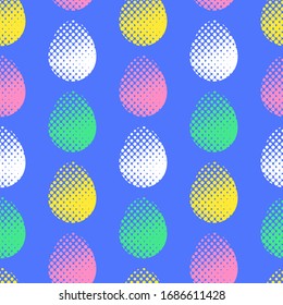 Seamless Easter pattern in pop art style. Colorful painted Easter eggs. Can be used for printing, textiles, backgrounds, and other purposes.
