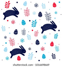 Seamless Easter pattern with rabbit, eggs and leaves in blue and red