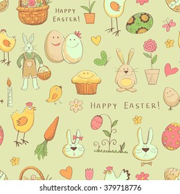 Seamless Easter pattern with rabbits, eggs and pastries. Cheerful easter background in a cartoon style