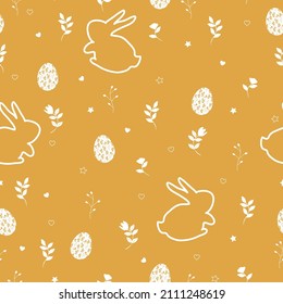 Seamless Easter pattern with rabbits, flowers, Easter eggs, beautiful background. vector design. Print for Easter cards, banners, textiles, wallpaper.