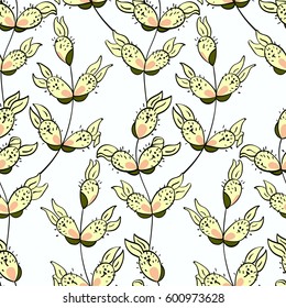 Seamless easter pattern with rabbit-willow branches. Doodle style, spring floral background. Vector illustration.
