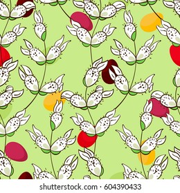 Seamless easter pattern with rabbit-willow branches. Doodle style, spring floral background. Vector illustration.