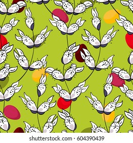 Seamless easter pattern with rabbit-willow branches. Doodle style, spring floral background. Vector illustration.