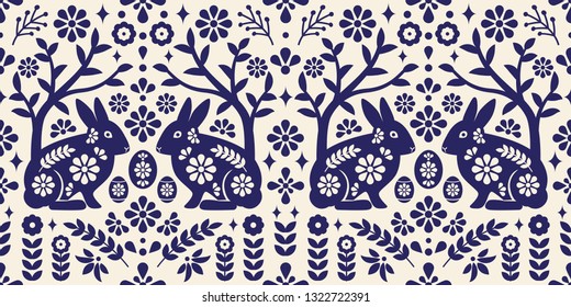 Seamless easter pattern scandinavian folk mexican style design with rabbit and flower.