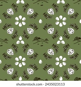 Seamless Easter pattern. Set of spotted eggs on a green background. Portrait of a cute bunny. Texture with spring flowers for printing on packaging and textiles. Minimalist landscape. Willow branches.