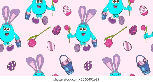 Seamless Easter pattern. A spring pattern with a cheerful character in the style of a groove. Mascot egg