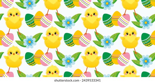 Patrón de Pascua sin costuras con flores de primavera, gallinas lindas, huevos pintados. El alegre diseño de Pascua para el fondo, papel digital, papel pintado, tela. Patrón sin costuras. Ilustración vectorial.