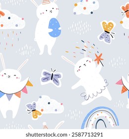 Seamless Easter pattern with sweet white bunnies on a blue background, featuring soft fluffy clouds, rainbows, and butterflies. Playful hand-drawn design perfect for spring textiles, festive decor.