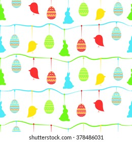 Seamless Easter pattern. Easter Symbols hanging on a rope.