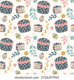 Padrão de páscoa sem costura com bolos cristãos tradicionais. Fundo festivo desenhado à mão com plantas e ovos