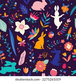 Seamless Easter pattern. Trendy Easter design flowers and bunny in bright colors. Silhouette of a rabbits on a dark background with decorative floral elements