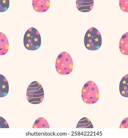 A seamless Easter pattern with uniquely decorated eggs in soft pastel tones.