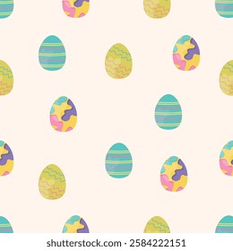 A seamless Easter pattern with uniquely decorated eggs in soft pastel tones.