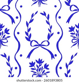 Seamless Easter pattern in vintage style. Vector blue eggs, bows and ribbons