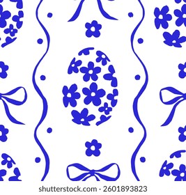 Seamless Easter pattern in vintage style. Vector blue eggs, bows and ribbons