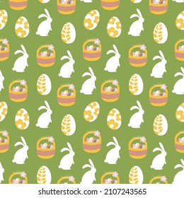 Seamless Easter pattern with white rabbits, decorative painted eggs, Easter baskets. Pattern on a green background for printing on paper, fabric. Ornament in a square format.