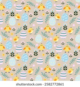 Seamless Easter pattern with yellow chicks, decorated eggs, and flowers on a beige background. Soft pastel colors for a festive, cheerful design.