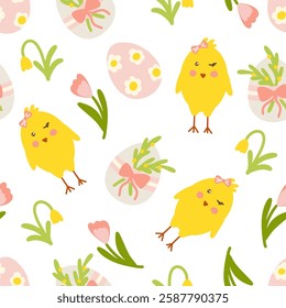 Seamless Easter pattern with yellow chicks, decorated eggs, and spring flowers vector illustration