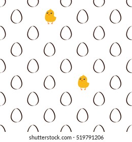 Seamless Easter pattern with yellow chicks and Easter eggs