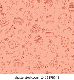 Seamless Easter peach background with Easter eggs, flowers and bunnies. Vector.