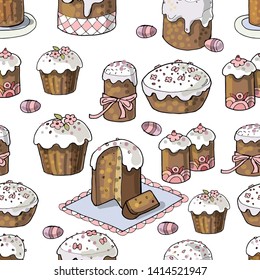 Seamless Easter picture background with Easter cakes on white background