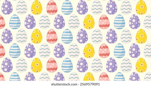 Seamless  Easter seasonal spring holiday pattern with colorful Easter eggs. Easter repeat pattern for decoration and print. Horizontal Easter cute repetition pattern. Egg hunt game.